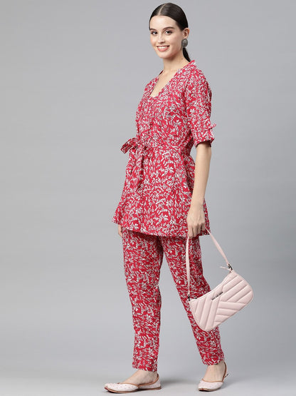 Frock Style Cotton Fabric Red Color Co-Ord Set