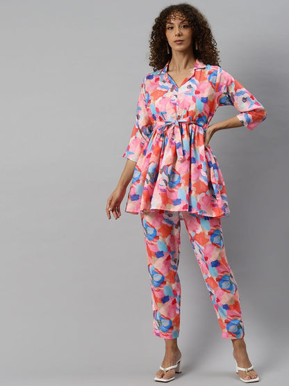 Frock Style Cotton Blended Fabric Pink Color Co-Ord Set