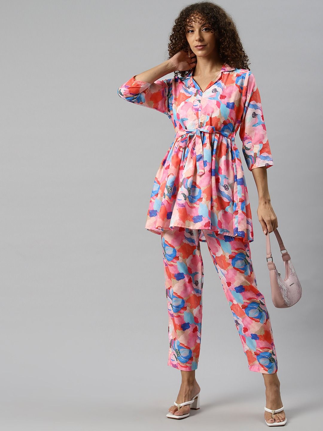 Frock Style Cotton Blended Fabric Pink Color Co-Ord Set