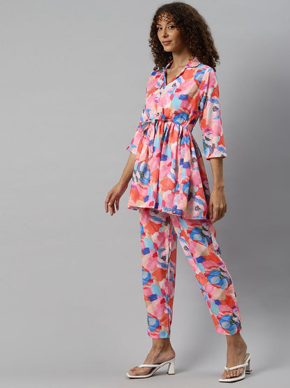 Frock Style Cotton Blended Fabric Pink Color Co-Ord Set