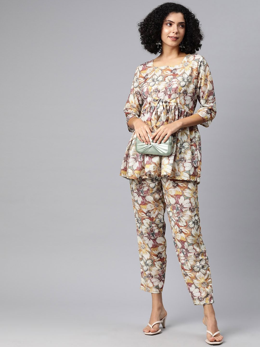 Frock Style Cotton Fabric Beige Color Co-Ord Set