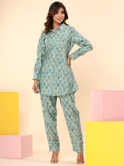 Shirt Style Silk Fabric Green Color Co-Ord Set