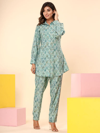 Shirt Style Silk Fabric Green Color Co-Ord Set