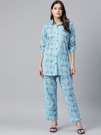 Shirt Style Cotton Fabric Blue Color Co-Ord Set