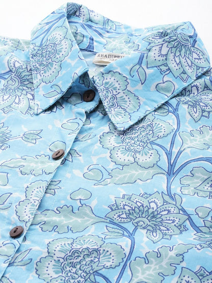 Shirt Style Cotton Fabric Blue Color Co-Ord Set