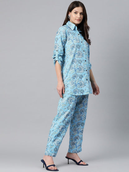 Shirt Style Cotton Fabric Blue Color Co-Ord Set