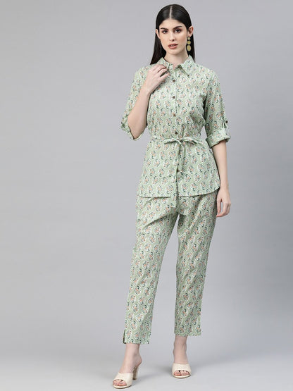 Shirts Style Cotton Fabric Green Color Co-Ord Set