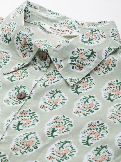 Shirts Style Cotton Fabric Green Color Co-Ord Set