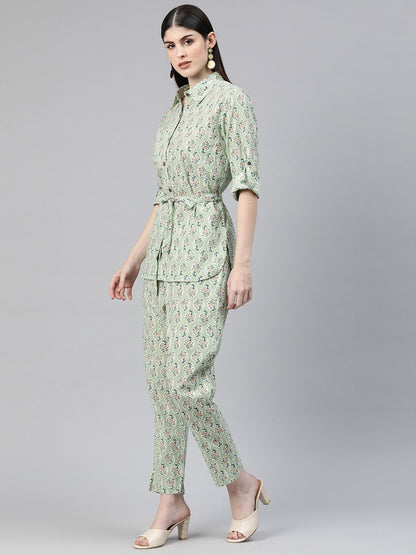 Shirts Style Cotton Fabric Green Color Co-Ord Set