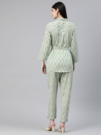 Shirts Style Cotton Fabric Green Color Co-Ord Set