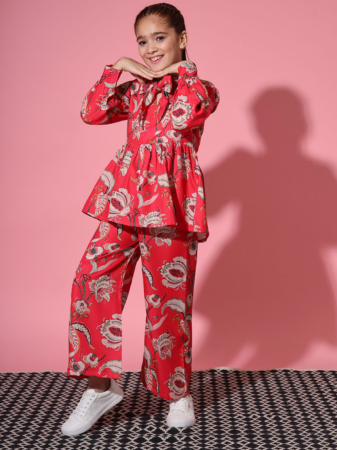 Frock Style Cotton Fabric Red Color Co-Ord Set