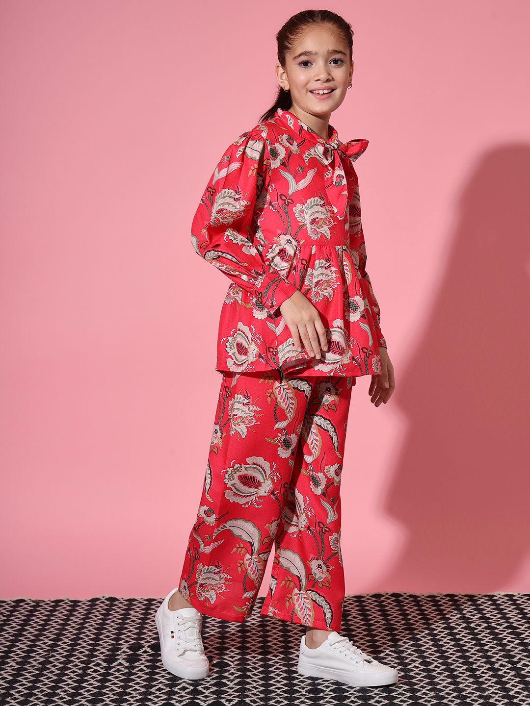 Frock Style Cotton Fabric Red Color Co-Ord Set