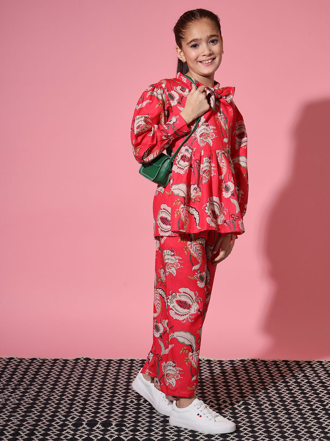 Frock Style Cotton Fabric Red Color Co-Ord Set