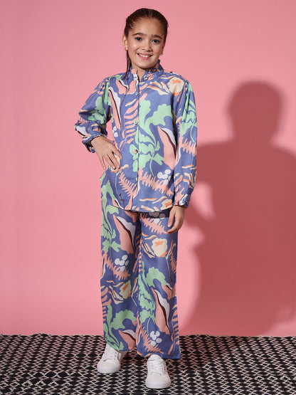 Shirt Style Cotton Fabric Blue Color Co-Ord Set