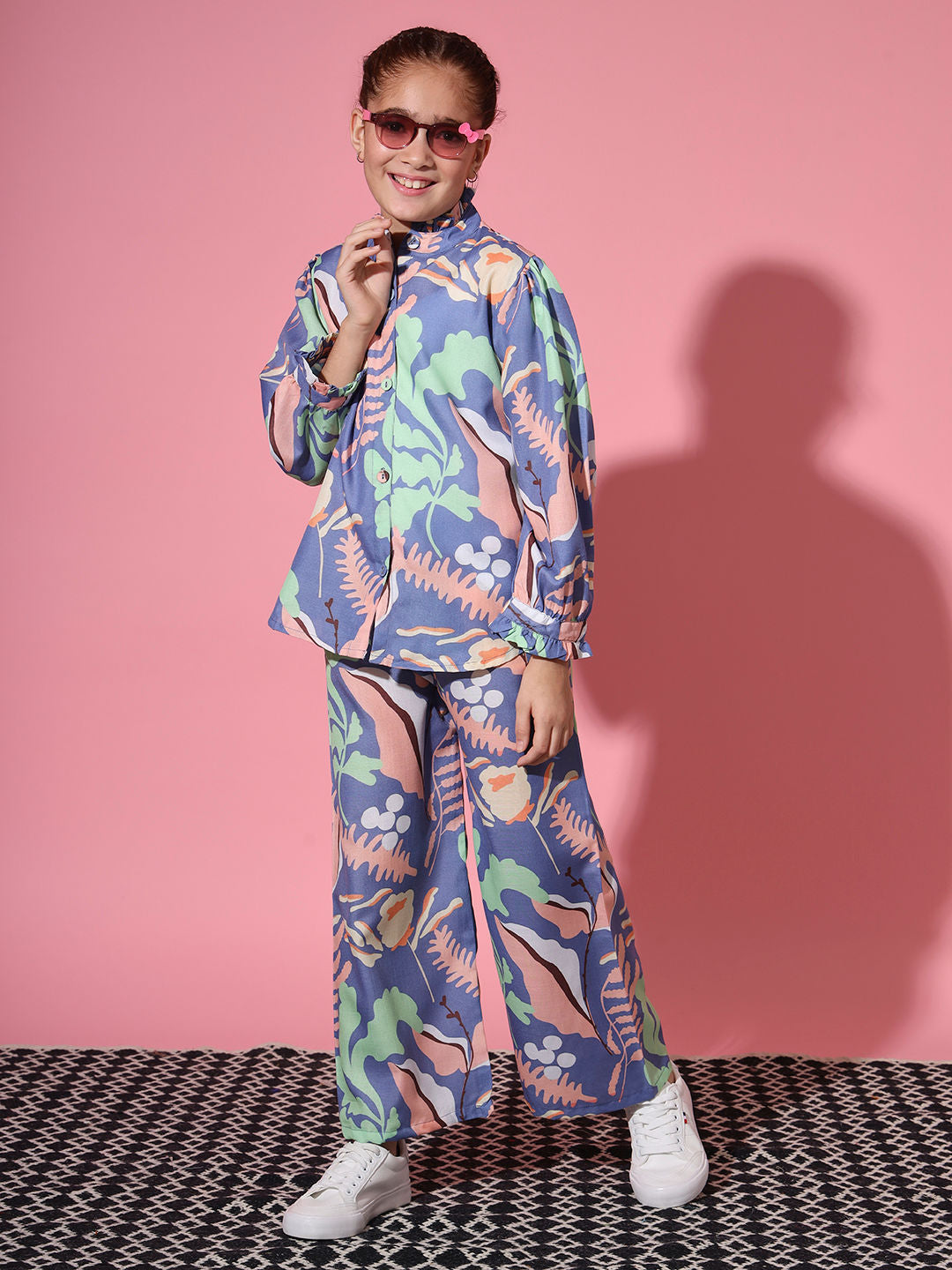 Shirt Style Cotton Fabric Blue Color Co-Ord Set