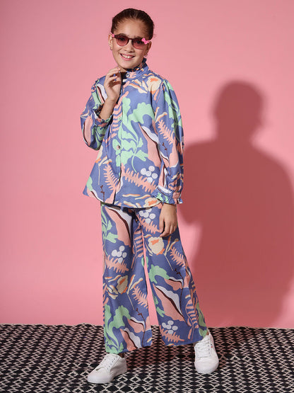 Shirt Style Cotton Fabric Blue Color Co-Ord Set