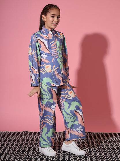 Shirt Style Cotton Fabric Blue Color Co-Ord Set
