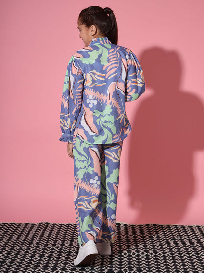Shirt Style Cotton Fabric Blue Color Co-Ord Set