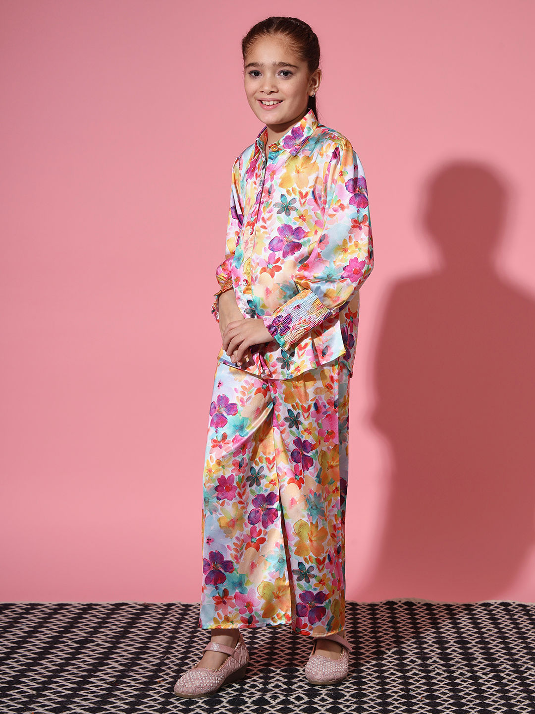 Shirt Style Satin Silk Fabric Multi Color Co-Ord Set