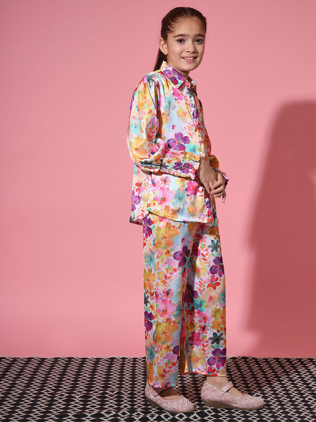 Shirt Style Satin Silk Fabric Multi Color Co-Ord Set