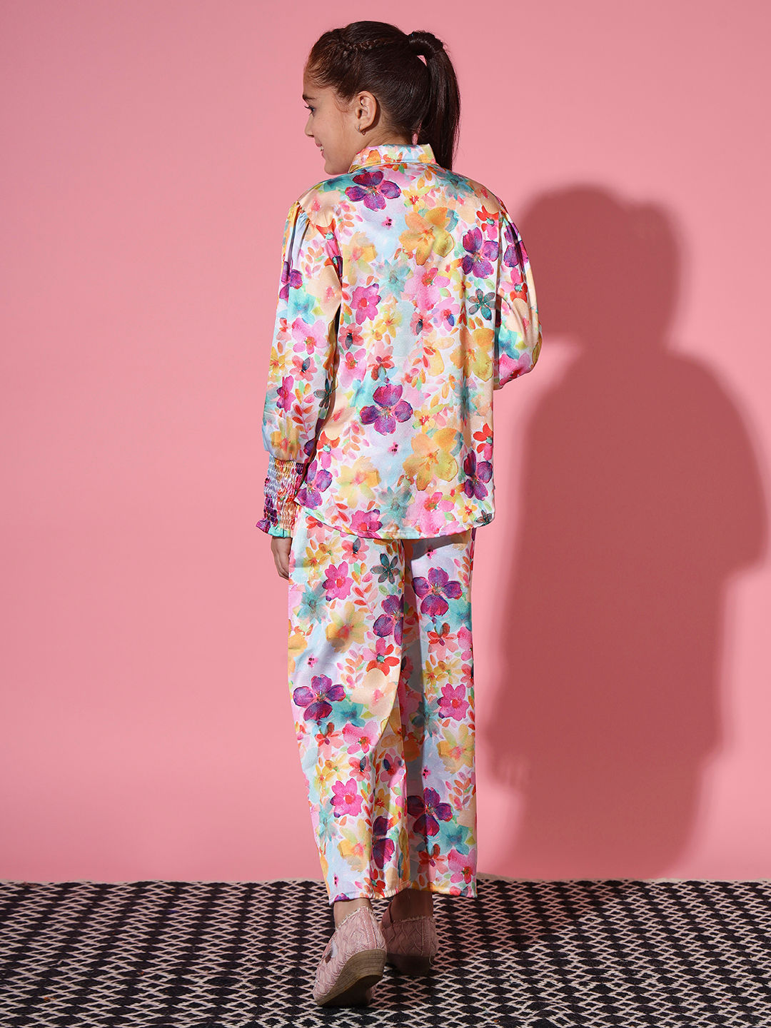 Shirt Style Satin Silk Fabric Multi Color Co-Ord Set