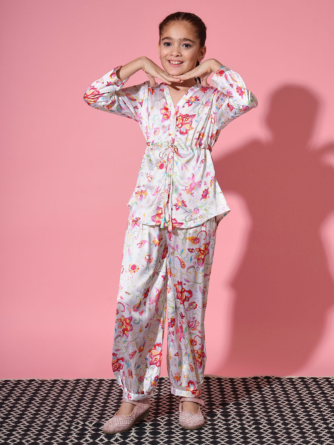 Shirt Style Satin Silk Fabric Cream Color Co-Ord Set