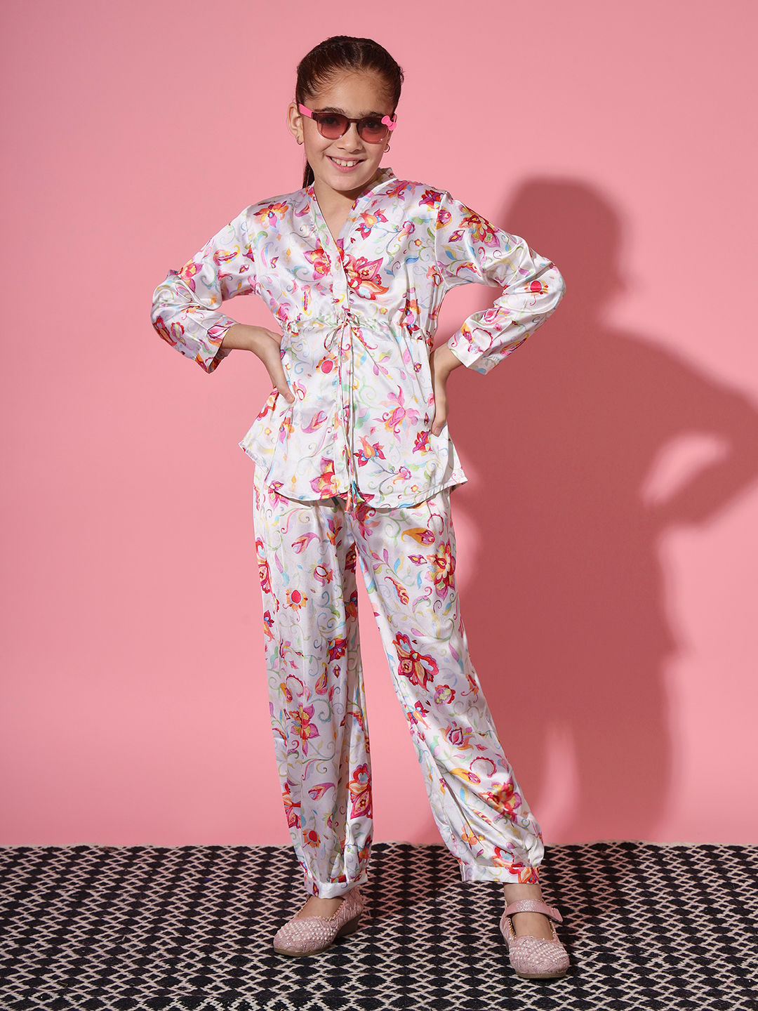 Shirt Style Satin Silk Fabric Cream Color Co-Ord Set