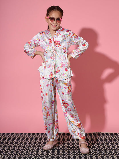 Shirt Style Satin Silk Fabric Cream Color Co-Ord Set