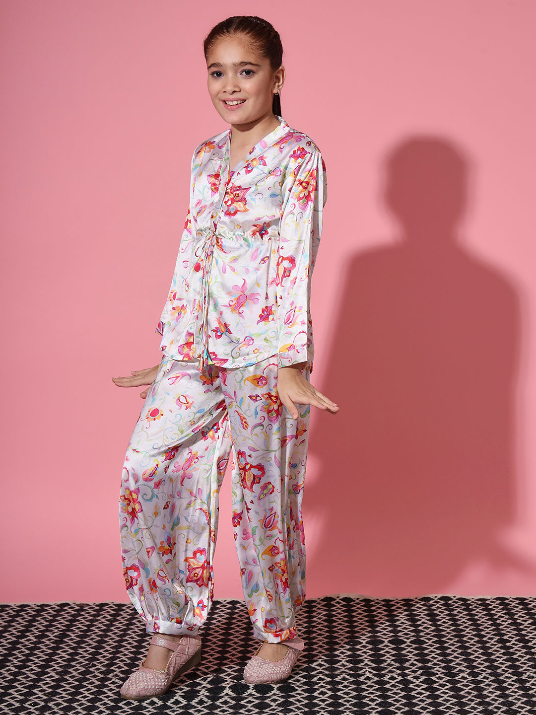 Shirt Style Satin Silk Fabric Cream Color Co-Ord Set