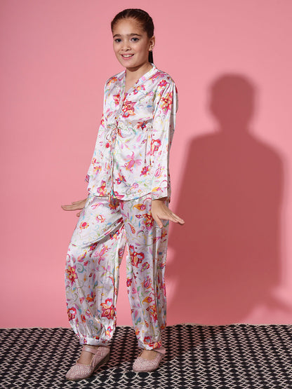 Shirt Style Satin Silk Fabric Cream Color Co-Ord Set