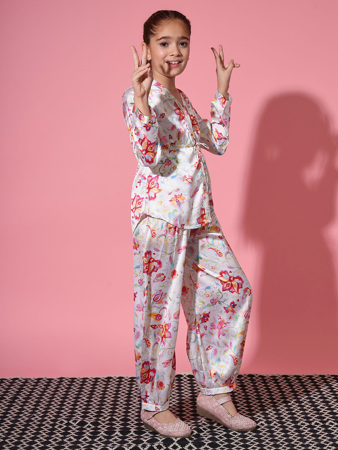 Shirt Style Satin Silk Fabric Cream Color Co-Ord Set