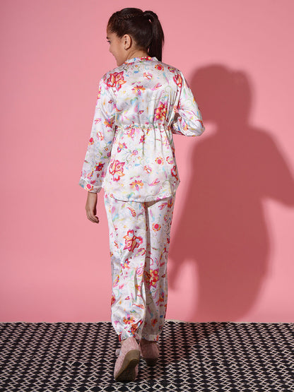 Shirt Style Satin Silk Fabric Cream Color Co-Ord Set