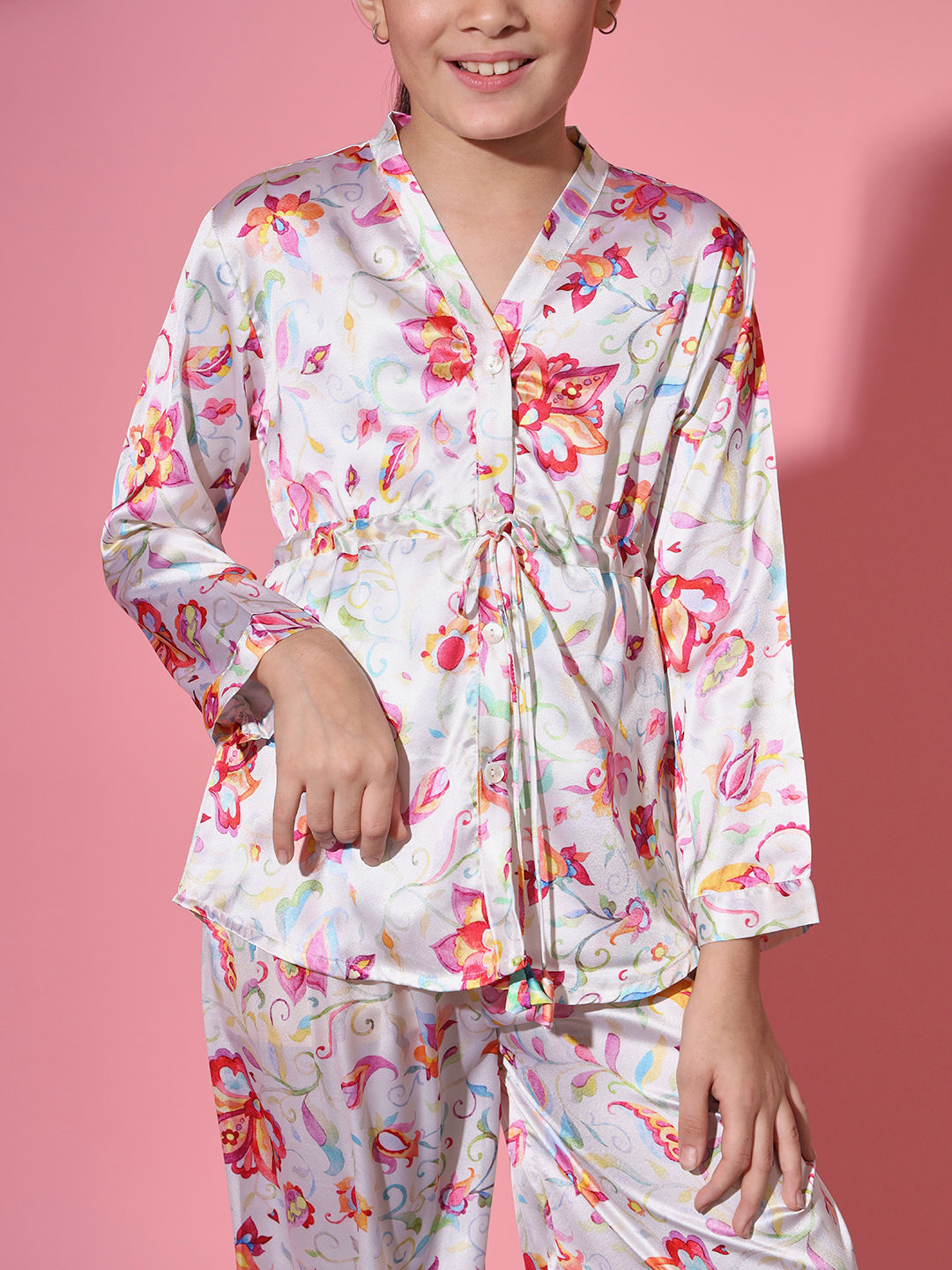 Shirt Style Satin Silk Fabric Cream Color Co-Ord Set