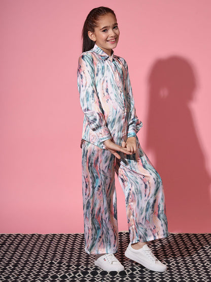 Shirt Style Satin Silk Fabric Green Color Co-Ord Set