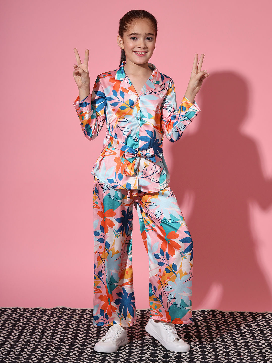 Shirt Style Satin Silk Fabric Pink Color Co-Ord Set