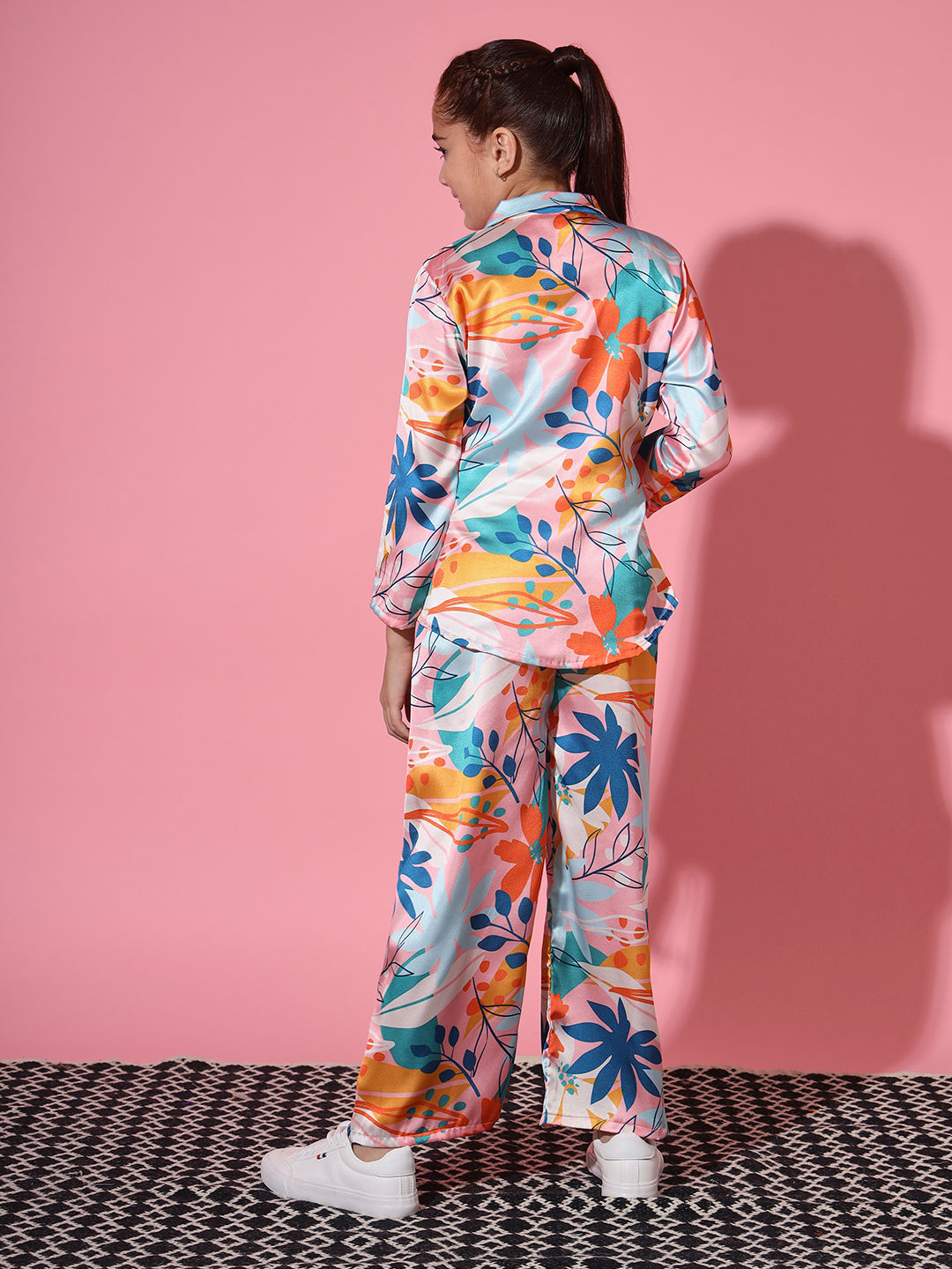 Shirt Style Satin Silk Fabric Pink Color Co-Ord Set