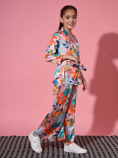 Shirt Style Satin Silk Fabric Pink Color Co-Ord Set