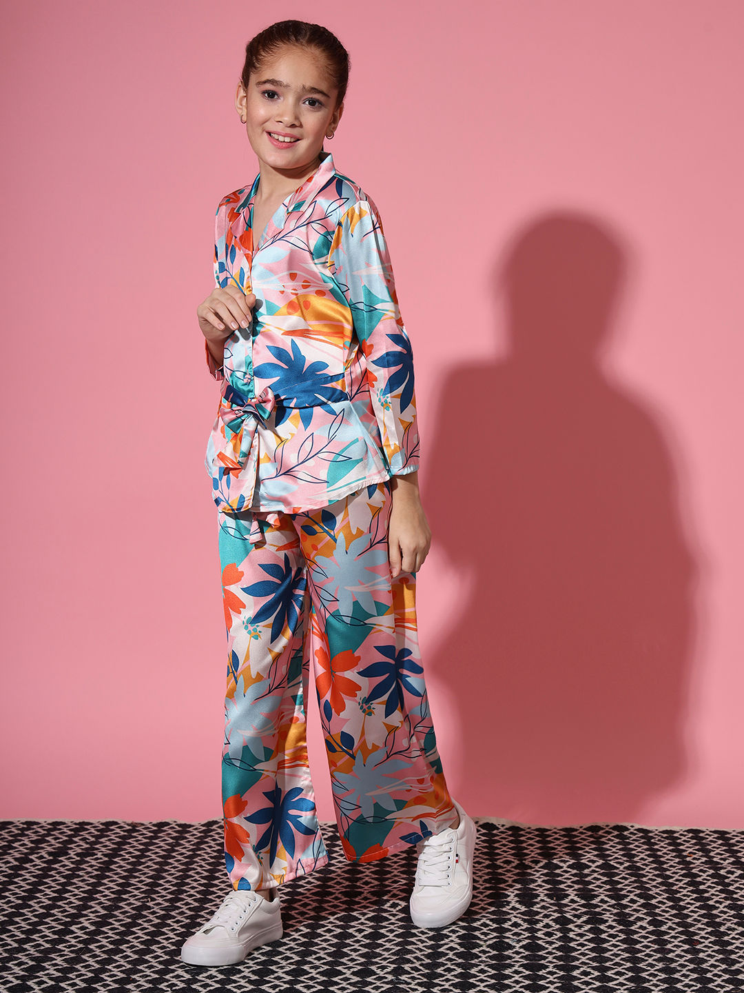 Shirt Style Satin Silk Fabric Pink Color Co-Ord Set