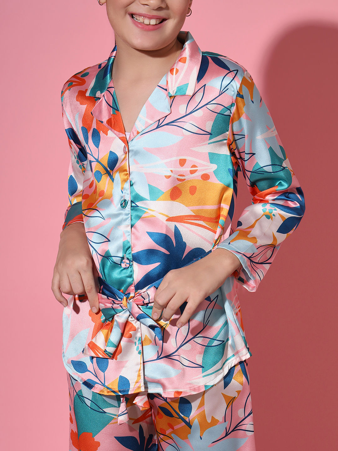 Shirt Style Satin Silk Fabric Pink Color Co-Ord Set