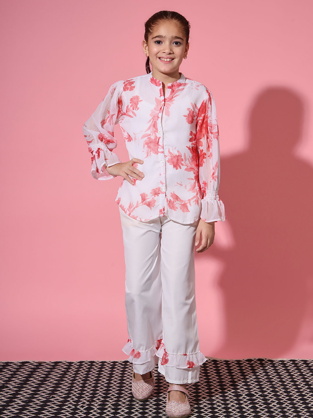 Shirt Style Georgette Fabric White Color Co-Ord Set