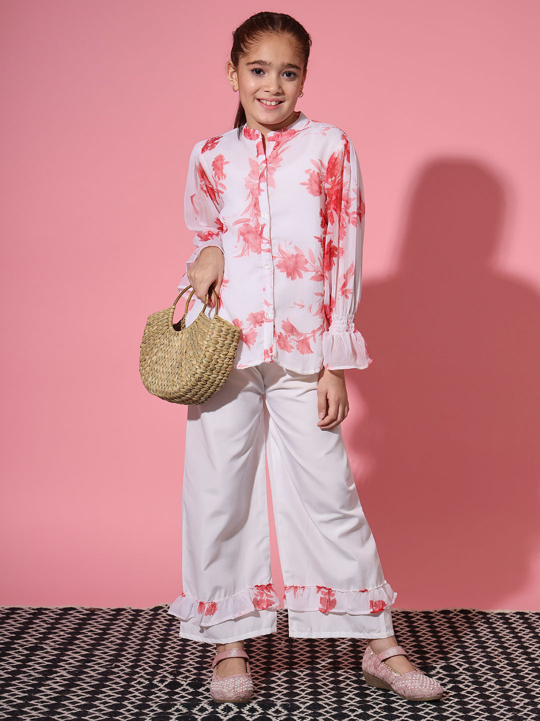 Shirt Style Georgette Fabric White Color Co-Ord Set