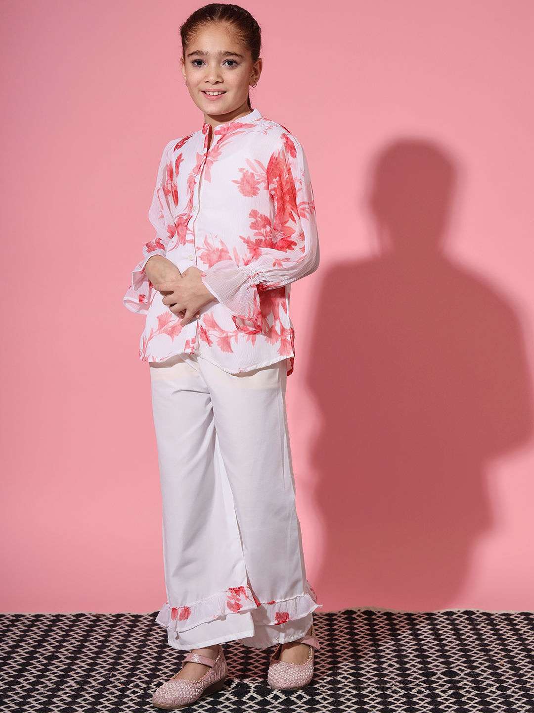 Shirt Style Georgette Fabric White Color Co-Ord Set