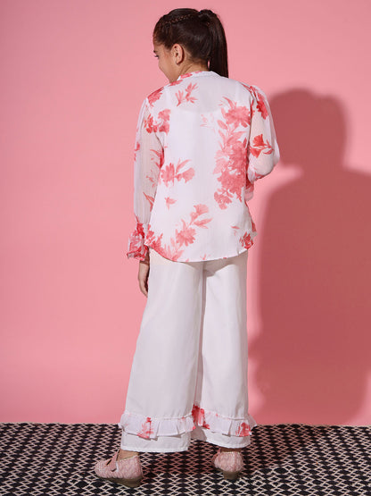 Shirt Style Georgette Fabric White Color Co-Ord Set