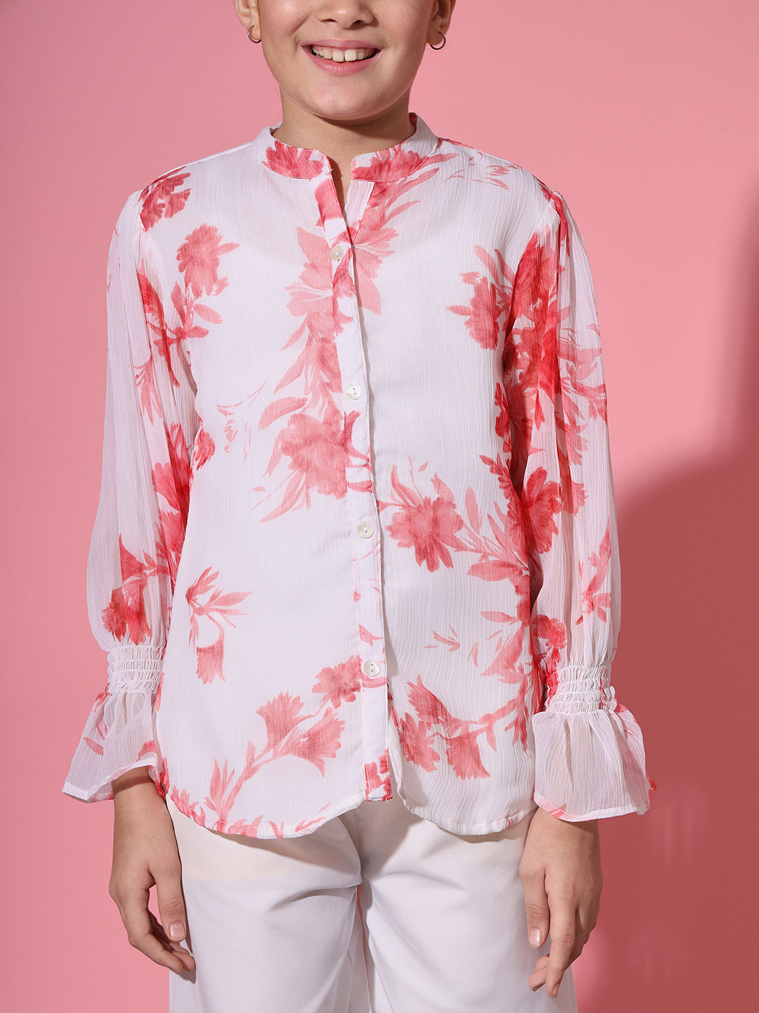 Shirt Style Georgette Fabric White Color Co-Ord Set