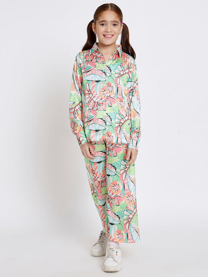Shirts Style Satin Fabric Green Color Co-Ord Set