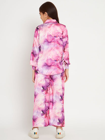 Shirts Style Satin Fabric Purple Color Co-Ord Set