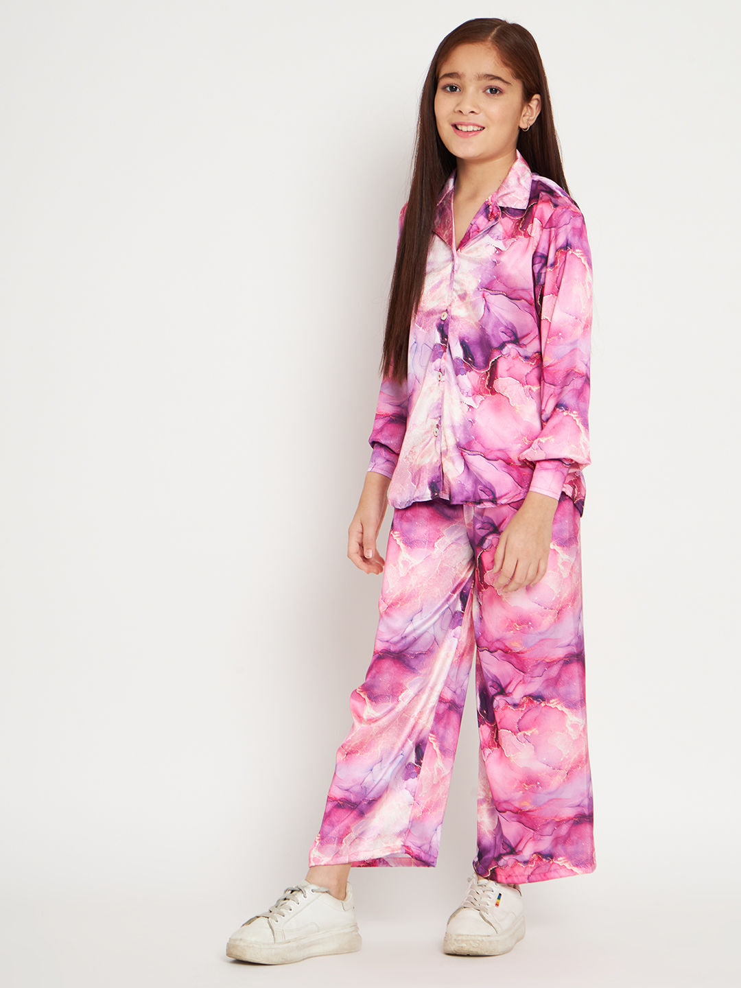 Shirts Style Satin Fabric Purple Color Co-Ord Set