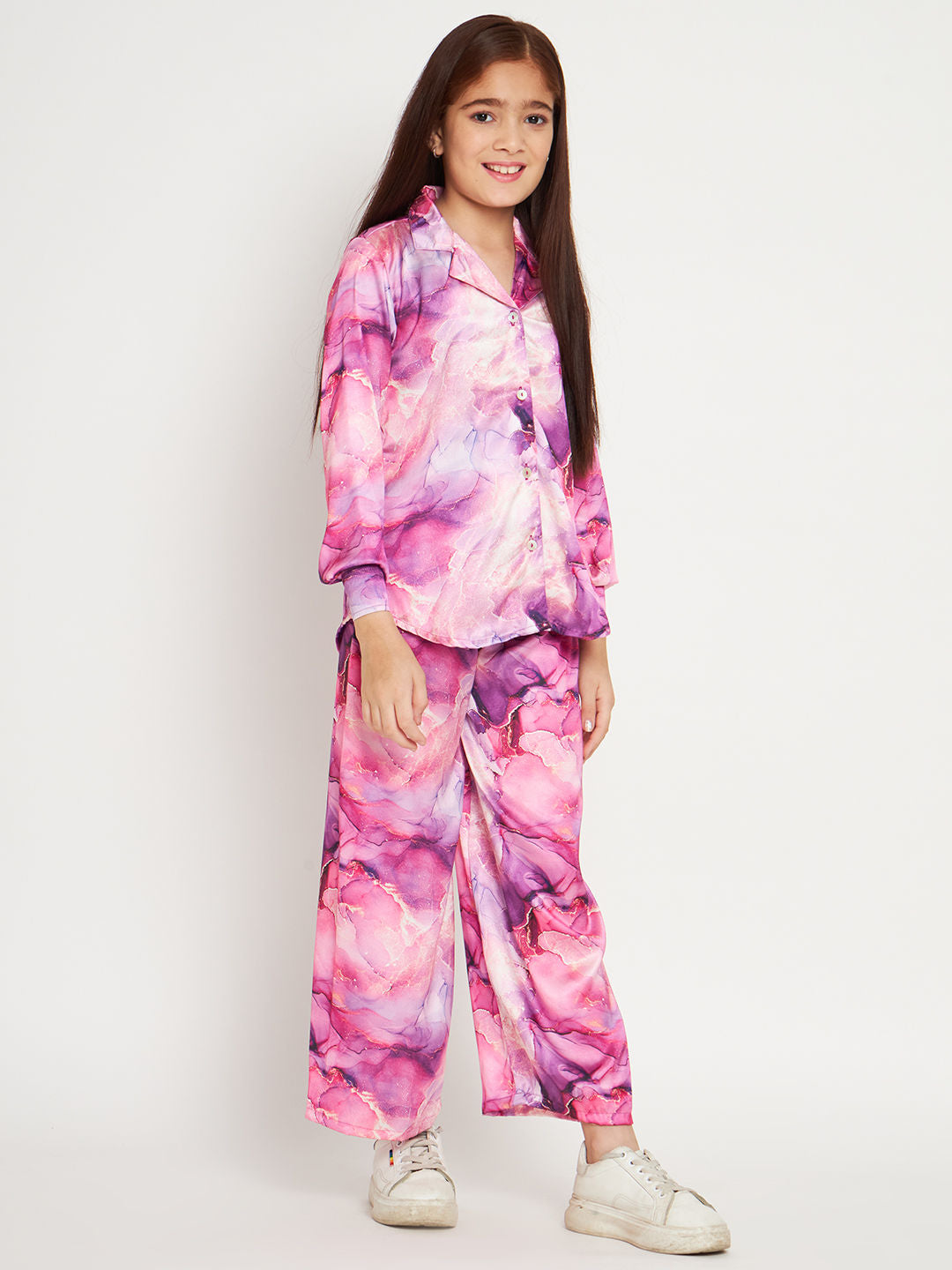 Shirts Style Satin Fabric Purple Color Co-Ord Set
