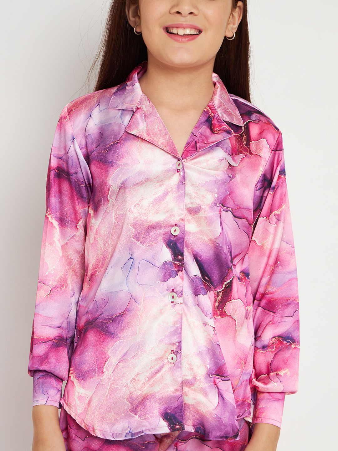 Shirts Style Satin Fabric Purple Color Co-Ord Set