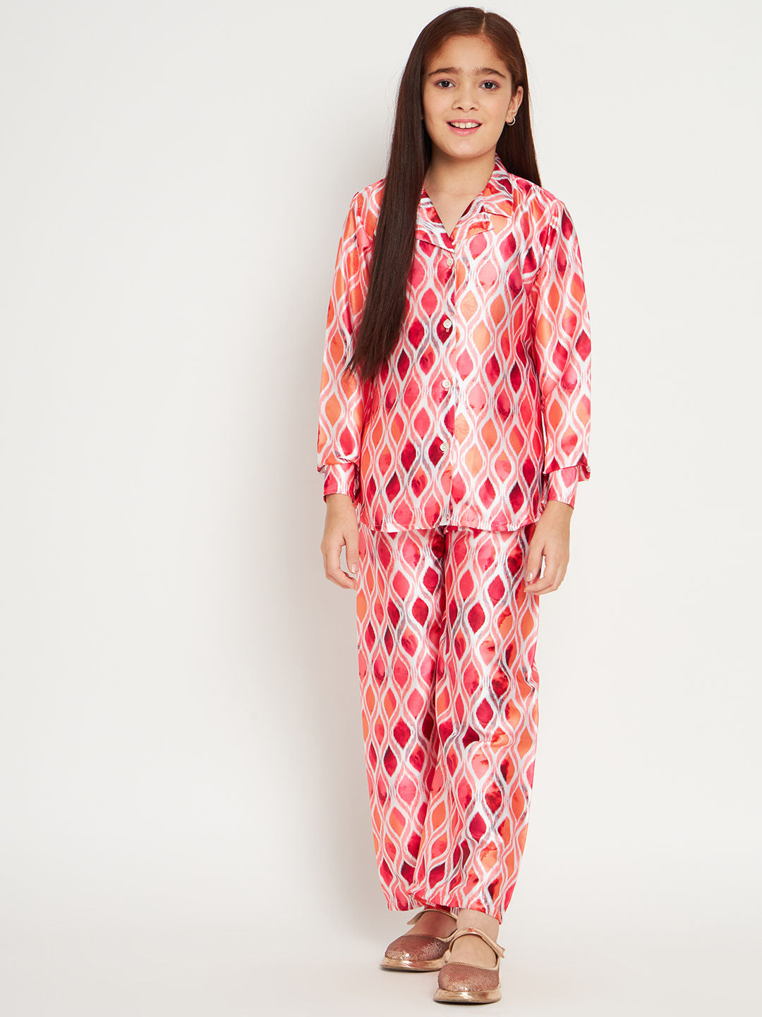 Shirts Style Satin Fabric Peach Color Co-Ord Set